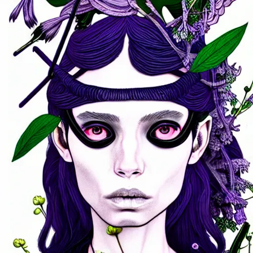 Prompt: the non-binary deity of Spring, resembling a mix of Grimes, Aurora Aksnes, and Zoë Kravitz, in a style blend of Botticelli, Möbius and Æon Flux, stunningly detailed artwork, very fine inking lines