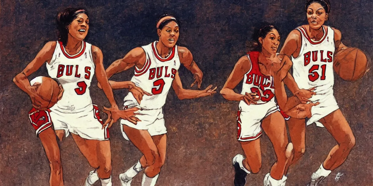 Image similar to candace parker playing basketball in a chicago bulls jersey art by frank frazetta, wide angle view,