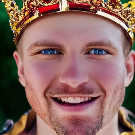 Image similar to man with red colored eyes and a crown grinning