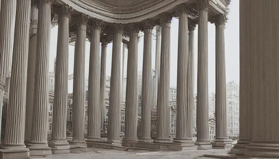 Prompt: a gigantic vertical neoclassical spherical building with huge columns, cinestill 8 0 0 t, heavy grain, high quality, high detailed