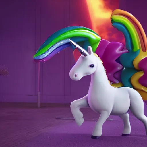 Image similar to a unicorn with flammingo neck is pooping rainbow colored donuts, unreal engine, octane render