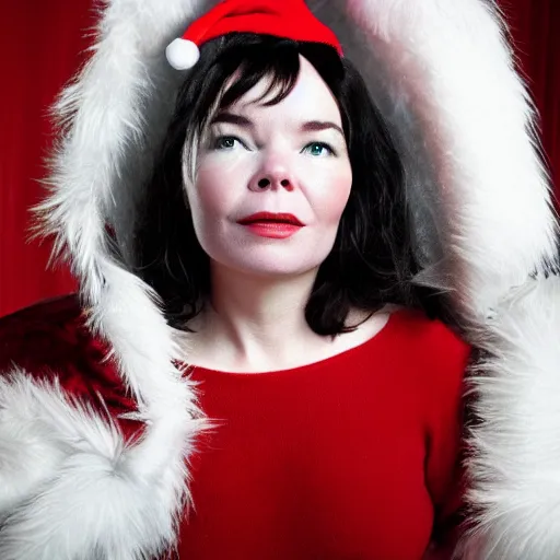 Prompt: Singer Björk wearing a Santa Claus hat