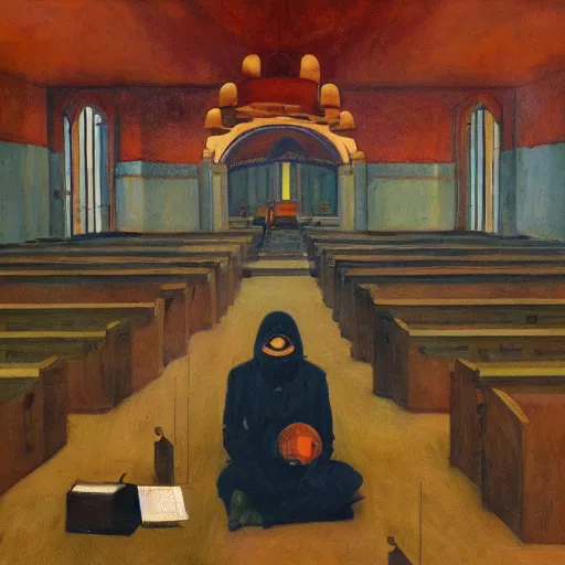 Image similar to apocalyptic scene, prayer, occult, refugees, mosque synagogue interior, gas masks, geometric art, patina, Edward Hopper, PJ Crook