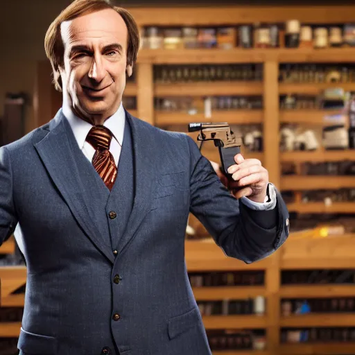 Prompt: a medium shot photo of saul goodman extremely happy to have a pistol in his hand,8k, DSLR, highly detailed skin, highly detailed hands