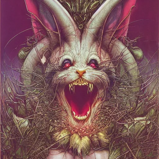 Prompt: realistic detailed image of a Easter Bunny Monster by Ayami Kojima, Amano, Karol Bak, Greg Hildebrandt, and Mark Brooks, Neo-Gothic, gothic, rich deep colors. Beksinski painting, part by Adrian Ghenie and Gerhard Richter. art by Takato Yamamoto. masterpiece