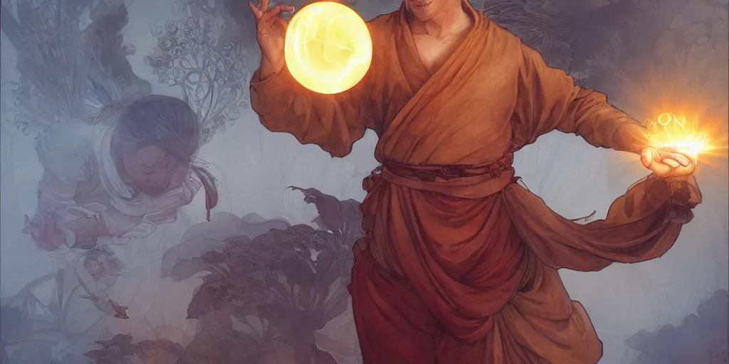 Image similar to shaolin monk holding an orb of light. fantasy, digital painting, 8 k, highly detailed. realistic award, disney concept art watercolor illustration by mandy jurgens, alphonse mucha and alena aenami