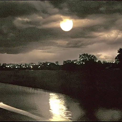 Prompt: river of lightning, twilight, full moon, william wyler, howard hawks