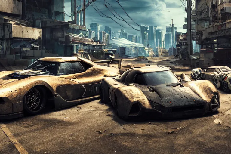 Image similar to photo wallpaper post - apocalyptic cyberpunk battle car gran turismo 7 forza horizon need for speed fast and furious 5 unreal engine cyberpunk supercar hypercar game concept car octane render, 4 khd 2 0 2 2 3 d cgi rtx style chrome reflexion global illumination ray tracing hdr arstation pixar and disney unreal