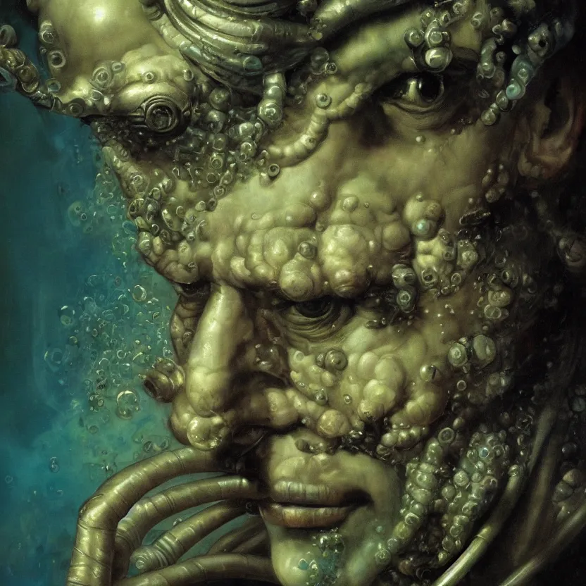 Prompt: baroque neoclassicist close - up portrait of an alien sea captain with an intense gaze, underwater with sea creatures in the background. iridescent textures. deep green and blue. highly detailed science fiction painting by norman rockwell, frank frazetta, and syd mead. rich colors, high contrast, gloomy atmosphere. trending on artstation and behance.