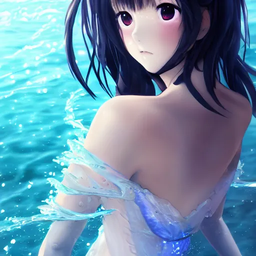 Image similar to a very beautiful anime girl wearing a dress made of water standing in a crystal lake , full body, long black hair, azure blue watery eyes, full round face, seductive stare, cinematic lightning, medium shot, mid-shot, highly detailed, trending on artstation, Unreal Engine 4k, Stanley Artgerm Lau, WLOP, Rossdraws, James Jean, Andrei Riabovitchev, Marc Simonetti, and Sakimichan