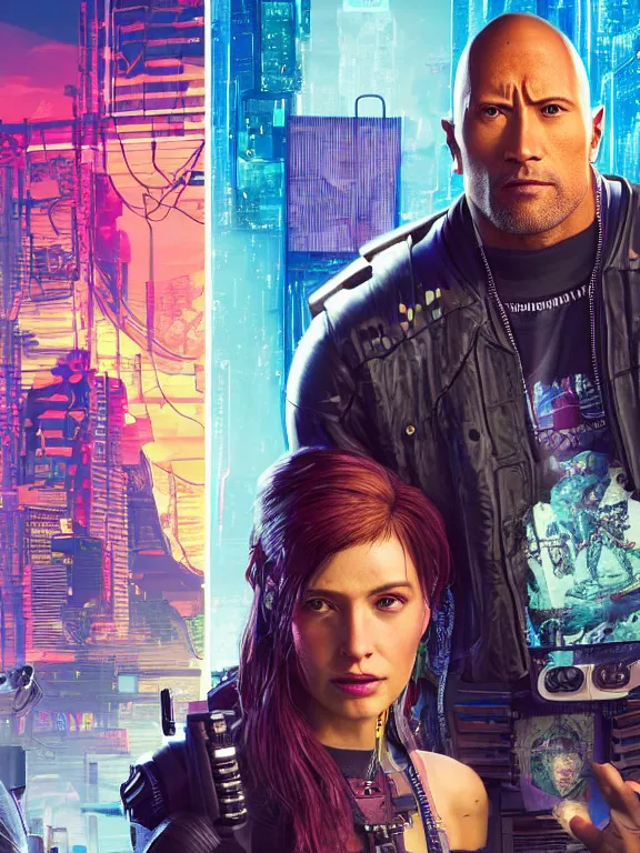 Image similar to a cyberpunk 2077 portrait of Dwayne Johnson holding a female android,complex mess of cables and wires behind them connected to giant computer,film lighting,by laurie greasley,Lawrence Alma-Tadema,William Morris,Dan Mumford, trending on atrstation,full of color,face enhance,sharp focus,highly detailed,8K, octane,golden ratio,cinematic lighting