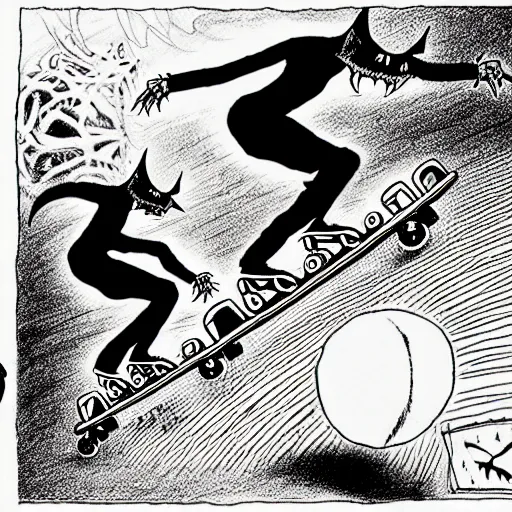 Prompt: black and white trippy comic art of dracularoller skating on roller skates, drawn by martin rowson, tim burton, studio ghibli, alex pardee, nekro petros afshar, james mcdermott, cgsociety 4 k