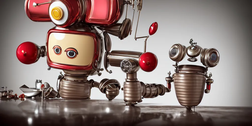 Image similar to closeup portrait of tin toy retro robot mad scientists cooking pastry in a kitchen, depth of field, zeiss lens, detailed, centered, fashion photoshoot, by nicoletta ceccoli, mark ryden, lostfish, breathtaking, 8 k resolution, extremely detailed, beautiful, establishing shot, artistic, hyperrealistic, octane render