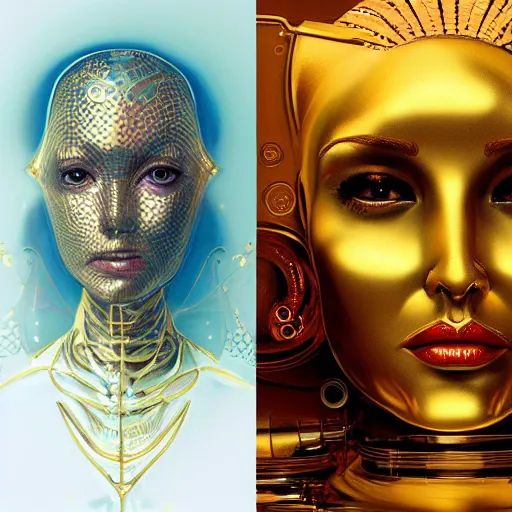 Prompt: Portrait of a golden robot with woman face, art deco, by Mandy Jurgens and Warhol, Ernst Haeckel, James Jean, artstation