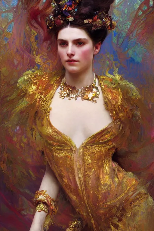 Image similar to an intricate artistic pose painting of a beautiful young victorian lady with an artistic pose, hyper detailed, ornamental gold headpiece, octane render, vivid colors, artstation, by jeremy mann, by alphonse mucha, by boris vallejo