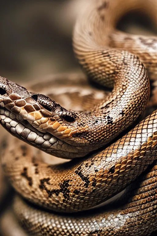 Prompt: a macro photo of a snake, dynamic pose, close - up, intricate details, intricately detailed scales, intricate textures, warm lighting, vivid colors, smoke and mist, realistic octane render, hyper realistic render, volumetric shading, depth of field, raytracing, 8 k,
