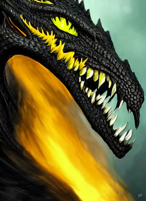 Image similar to closeup portrait of black dragon head with yellow eyes, ultra realistic, fantasy, magic, dnd,