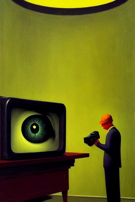 Image similar to a big eye in the television watching a man working, edward hopper and james gilleard zdzislaw beksisnski higly detailed