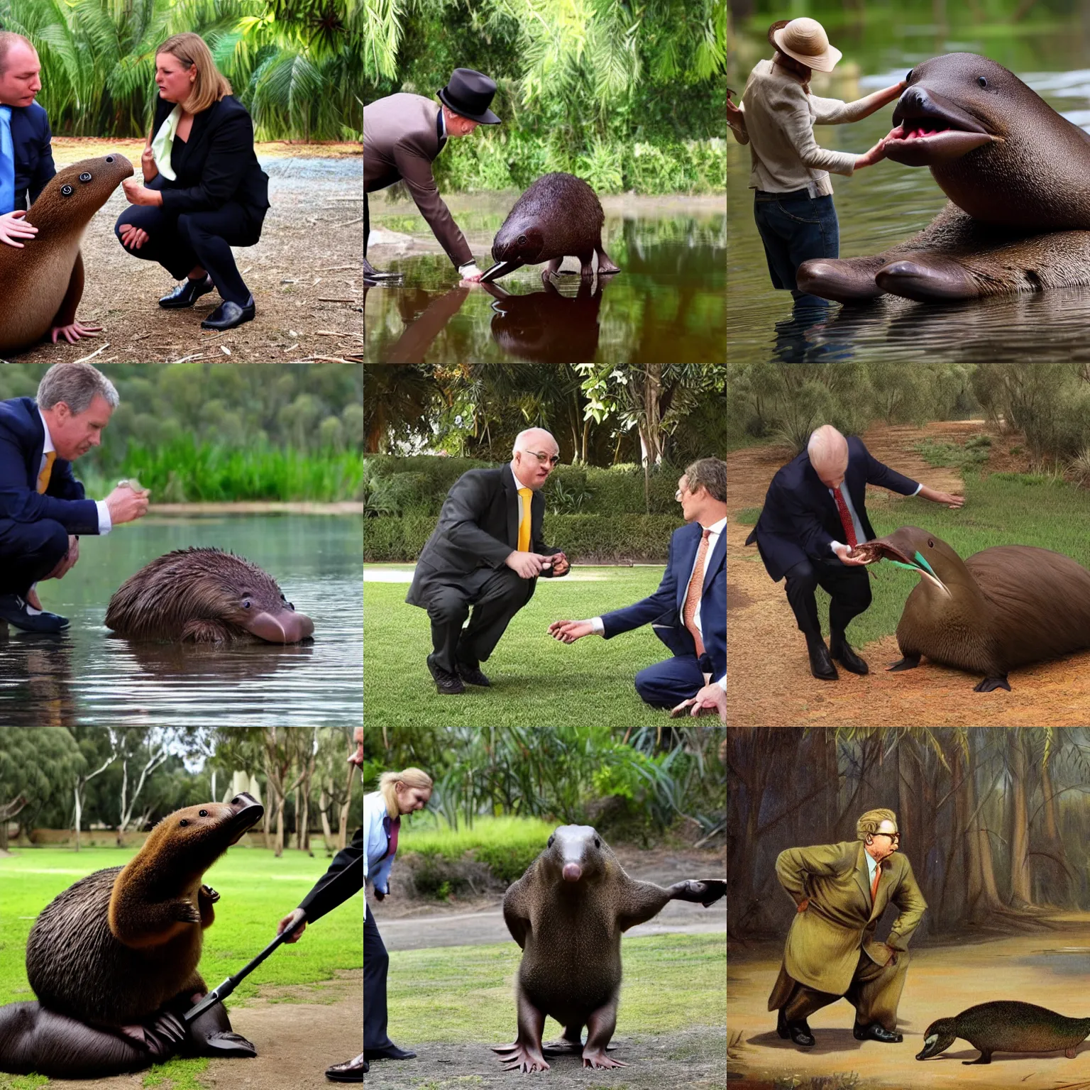 Prompt: australian diplomat negotiating with a platypus, photorealistic