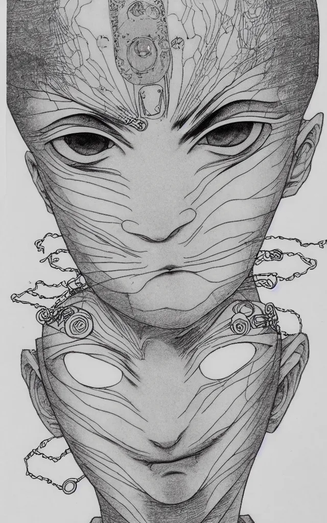 Image similar to prompt: Fragile looking face drawn by Takato Yamamoto, ceramic looking face, cyber parts, inspired by Naruto and Bandai Namco, clean ink detailed line drawing, intricate detail drawing, manga 1990