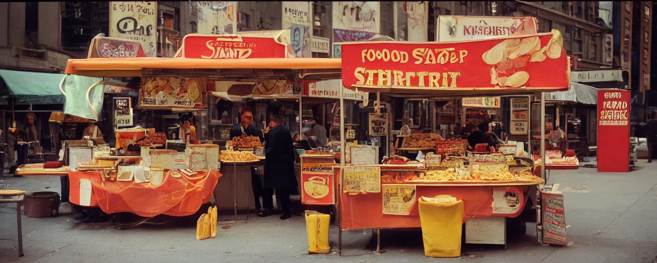 Image similar to food stand promoting spaghetti bowls, in downtown nyc, kodachrome, in the style of wes anderson, retro