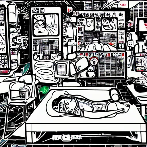 Image similar to chinese surgery operating table, in the style of daniel johnston and outsider art, 8k, line brush, overlaid with chinese adverts