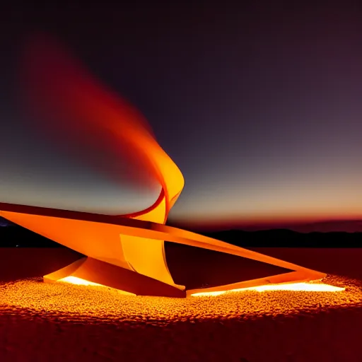 Prompt: zaha hadid, dancefloor kismet, fire, night, the australian desert, xf iq 4, 1 5 0 mp, 5 0 mm, f 1. 4, iso 2 0 0, 1 / 1 6 0 s, dawn, golden ratio, rule of thirds