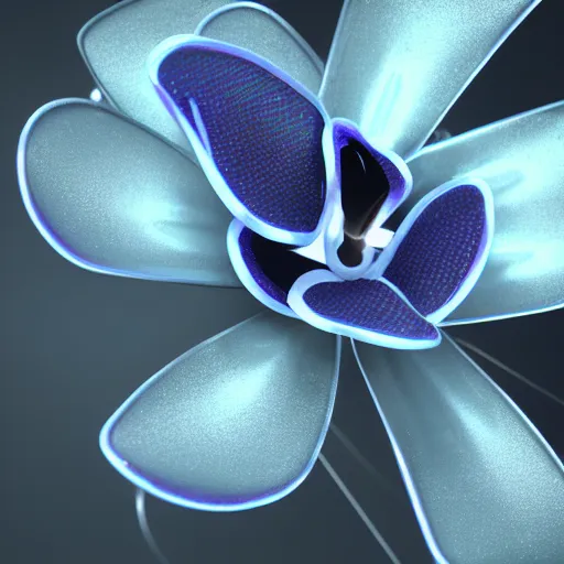 Prompt: a cybertronic, metallic, reflective orchid flower, octane render