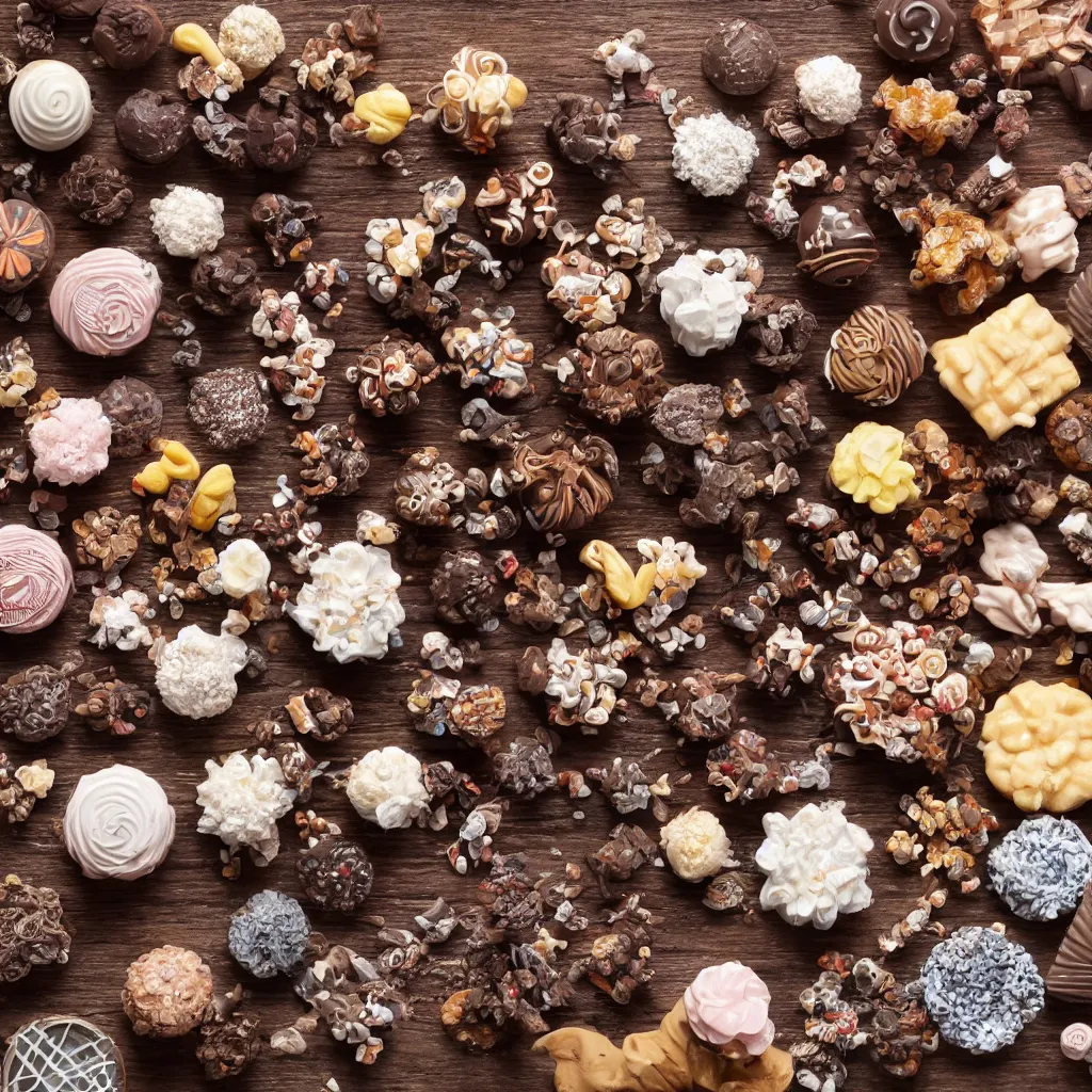 Image similar to close-up photo of confectionaries on top of a wooden table, 8k, high detail, photorealistic, proper shading