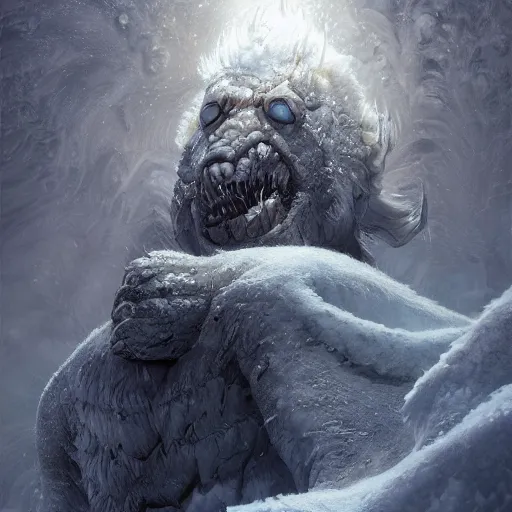 Image similar to A monster in the Arctic covered in snow, fractal Lighting, by Stanley Artgerm Lau, WLOP, Rossdraws, James Jean, Andrei Riabovitchev, Marc Simonetti, and Sakimichan, trending on artstation