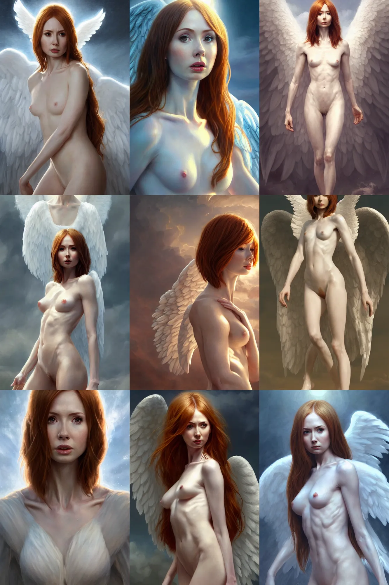 Prompt: karen gillan as a heavenly angel, anatomy, bathed in light, highly detailed, photorealistic, artstation, smooth, sharp focus, illustration, disrobed, unreal engine 5, 8 k, art by artgerm and greg rutkowski and edgar maxence