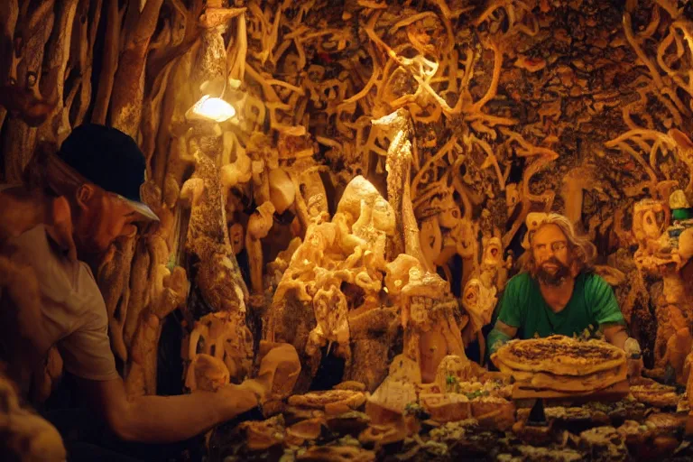 Prompt: movie scene portrait closeup, real life team of tiny gnome people building a tiny cathedral made of pizza in the forest neon lighting by emmanuel lubezki