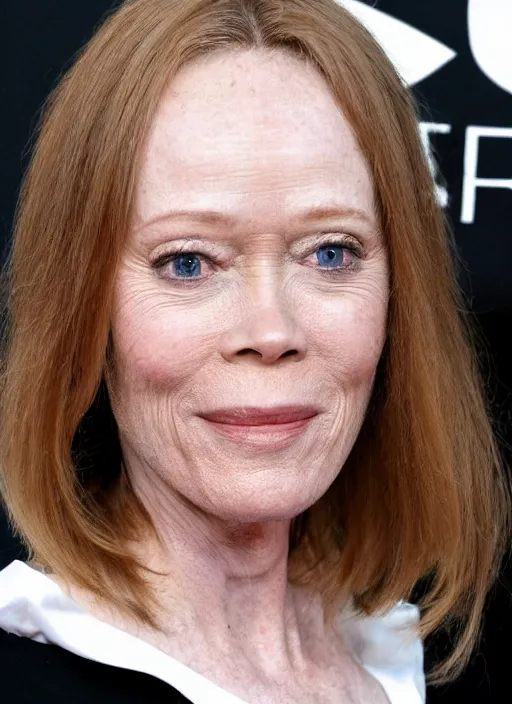 Prompt: a genetic combination sissy spacek and sigourney weaver, blond hair, brown eyes, face and shoulders focus