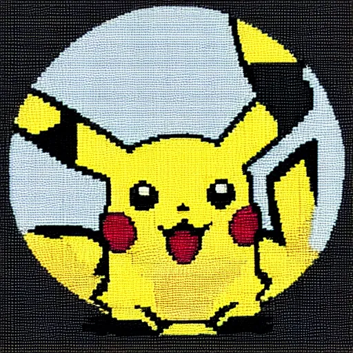 Image similar to pikachu cross-stich on a table, kodak kodachrome 400, f2.8