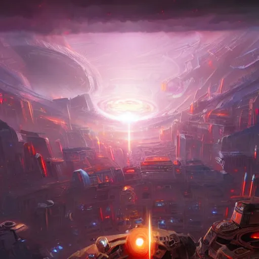 Prompt: black hole rising above city, city destroyed by shockwave, black hole with accretion disс, digital art, art by tyler edlin, finnian macmanus