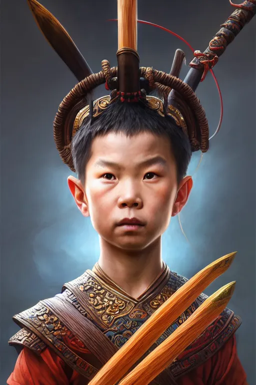 Image similar to a masterpiece portrait of nezha, highly detailed, boy hold spear, chinese fantasy, highly detailed, digital painting, trending on artstation, concept art, sharp focus, illustration, global illumination, ray tracing, realistic shaded, art by artgerm and greg rutkowski and fuji choko and viktoria gavrilenko and hoang lap