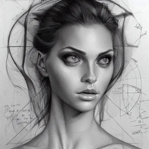 Prompt: a beautiful hyperrealistic portrait pencil sketch from a picture, of a French nubile with stoic attitude by Peter Mohrbacher,technical drawing, blueprint diagram, trending on artstation.