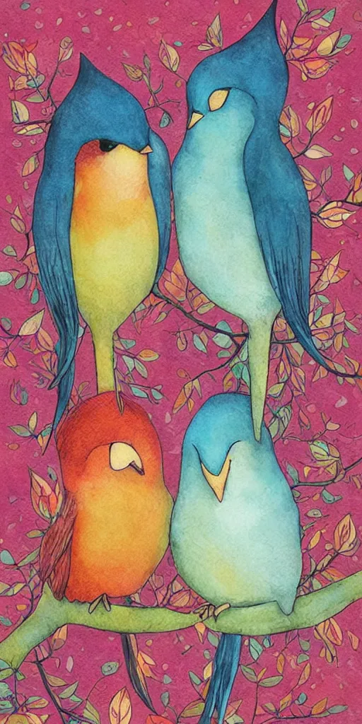 Image similar to greeting card, love, 2 affectionate birds, by kelly mckernan, warm colors, cozy