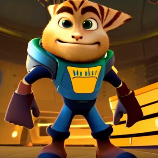 Image similar to portrait of elon musk in ratchet and clank, in game graphic, ps 5 gameplay, screenshot, high quality