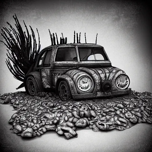 Image similar to Minion, George Miller, Photorealistic, Hyper detailed, desert, post apocalyptic, fire, dust, black and white