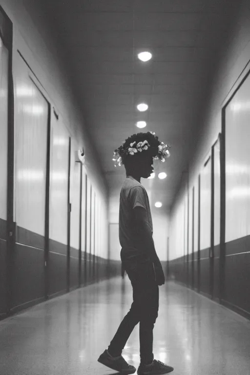 Image similar to kodak portra 4 0 0 photograph of a guy wearing a flower crown in a empty school hallway lined with lockers, back view, lens flare, moody lighting, moody vibe, telephoto, 9 0 s vibe, blurry background, grain, tranquil, calm, faded!,