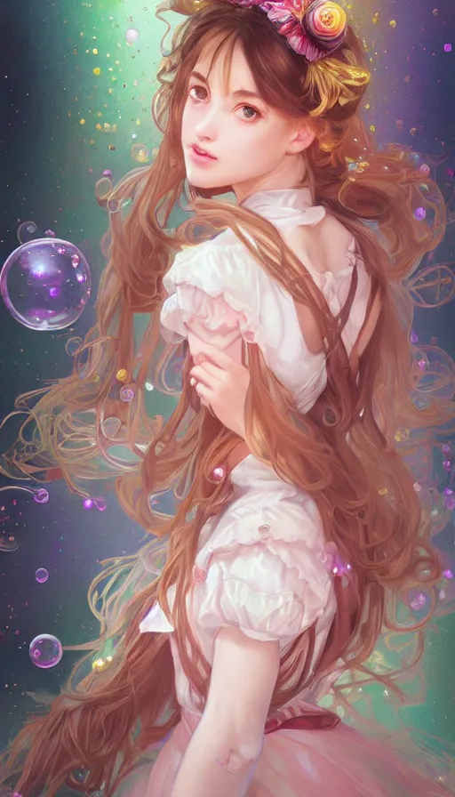 Image similar to portrait of magical lolita girl, dreamy and ethereal, expressive pose, big gold eyes, exciting expression, fantasy, intricate, elegant, many rainbow bubbles, rose tones, highly detailed, digital painting, artstation, concept art,cyberpunk wearing, smooth, sharp focus, illustration, art by artgerm and greg rutkowskiand alphonse mucha