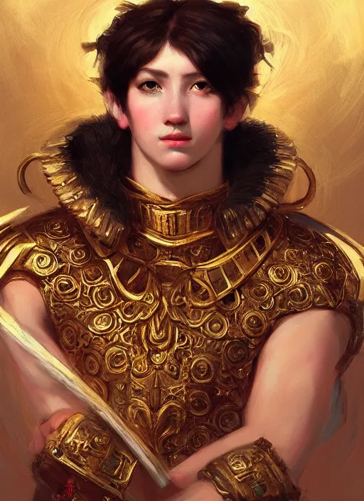 Image similar to portrait of an ancient roman character in incredible rich ornate armor, by ilya kuvshinov, by thomas lawrence, by bayard wu, trending on artstation, masterpiece