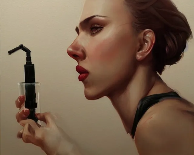 Image similar to portrait of scarlett johansson drinking water in team fortress 2 style, detailed face, dark fantasy art, fantasy, pretty, hd shot, digital portrait, beautiful, artstation, comic style, by artgerm, guy denning, jakub rozalski, magali villeneuve, neoartcore and charlie bowater