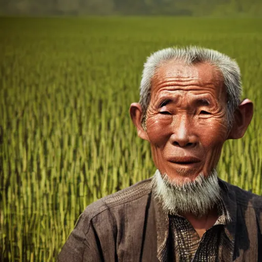 Prompt: film 3 5 mm photo portrait of an old chinese man in the rice field, joel santos style, hyperrealistic, rehann style, jimmy nelson style