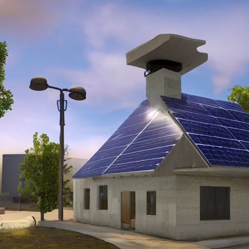 Image similar to solarpunk chapel from the outside, beautiful lighting, photorealistic, detailed, unreal engine 5