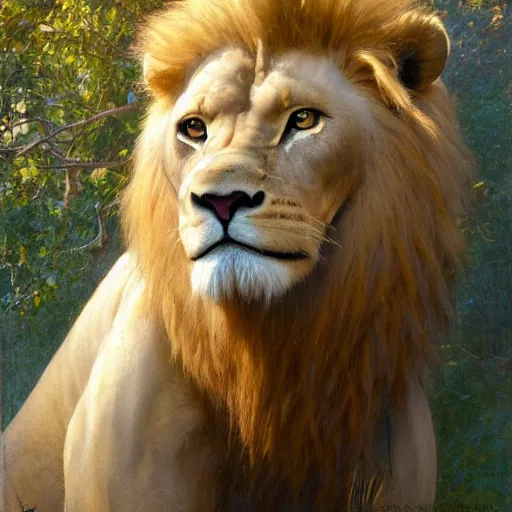 Prompt: hyper realistic albino male furry anthro lion, magical, painted by james gurney, norman rockwell, tom bagshaw, mucha, gaston bussiere, craig mullins, j. c. leyendecker 8 k