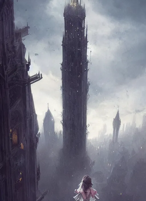 Image similar to a teenage girl with short dark hair and a tattered grey cloak stands atop the tallest building in a gothic fantasy city. beautiful painting by greg rutkowski