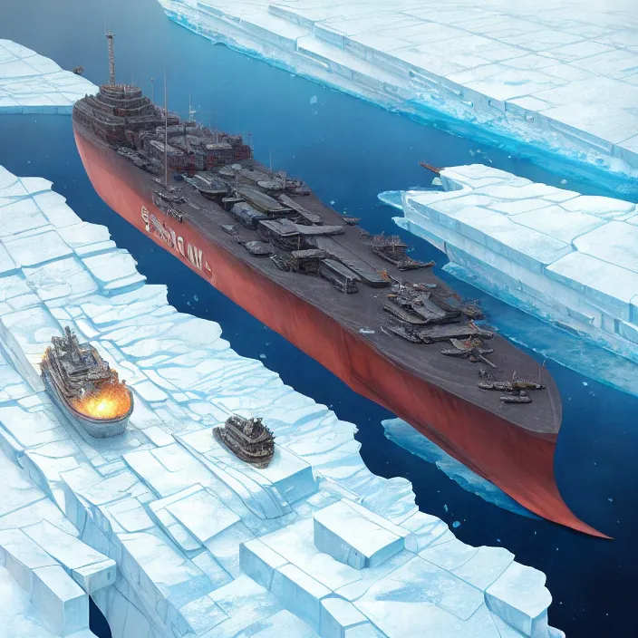 Prompt: one singular solo enormous gigantic steel ship - shaped fortress sailing across an icy frozen ocean. masterpiece, cinematic, hyperdetailed, photorealistic, hyperrealism, octane render, depth of field, bokeh, architecture, aerial view, art by tom bagshaw, geof darrow, james gurney, filip hodas