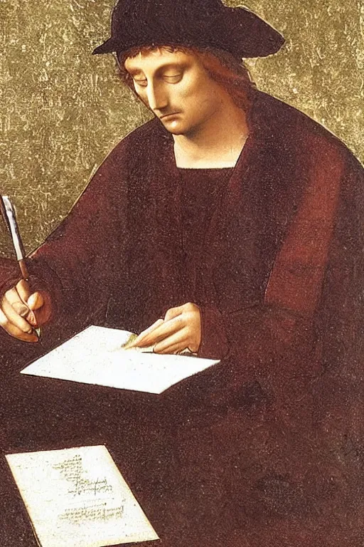 Image similar to leonardo da vince writing a sms